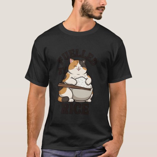 お米で元気 - 笑えるお腹の空いた猫のロングスリーブ Tシャツ (正面)