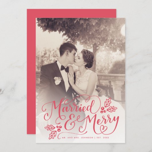 お結婚したよびシメリーックな手書き写真赤 シーズンカード (正面/裏面)