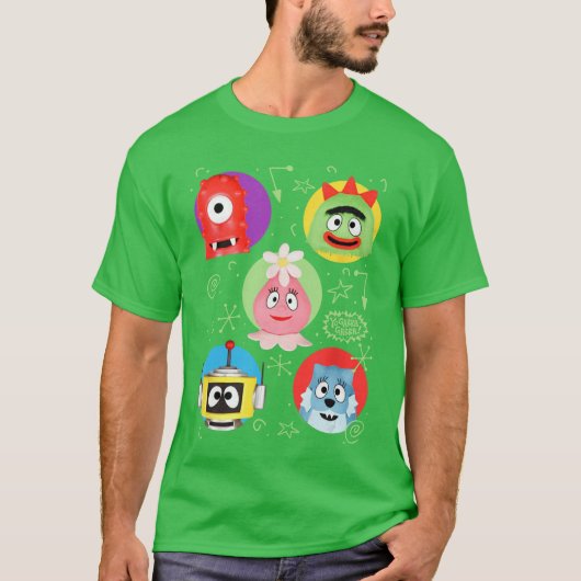 お絵かき満載のカラフルな友達と一緒のYo Gabba Gabba Tシャツ (正面)