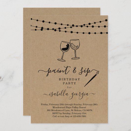 お絵描き＆ワイン 誕生日、女友達とのパーティー、結婚前のお披露目 招待状 (正面/裏面)