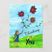 お考える花はがき付きの女の子 ポストカード (正面)