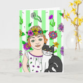 お考え前の事 |フォークアートの少女と猫 カード (黄色い花)