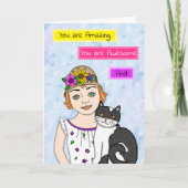 お考え前の事 |フォークアートの少女と猫 カード (正面)