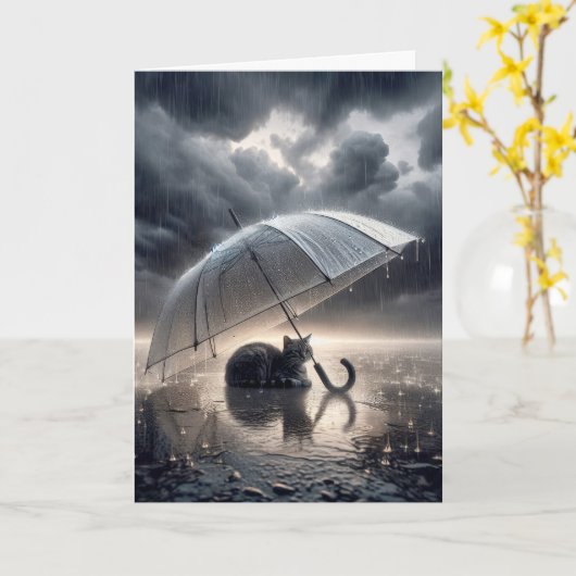 お考え前の猫の傘 カード (黄色い花)