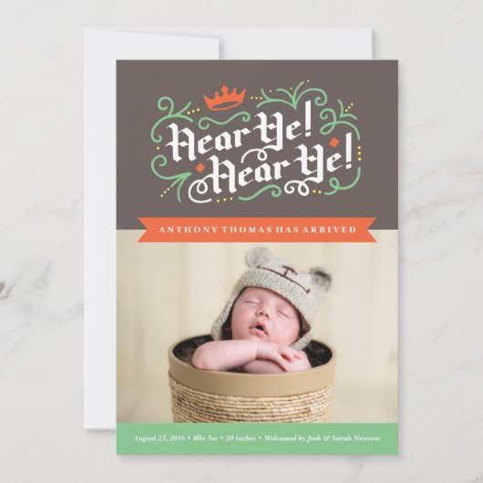 お聞きください！お聞きください！チャコールでの出産発表 案内状 (正面)