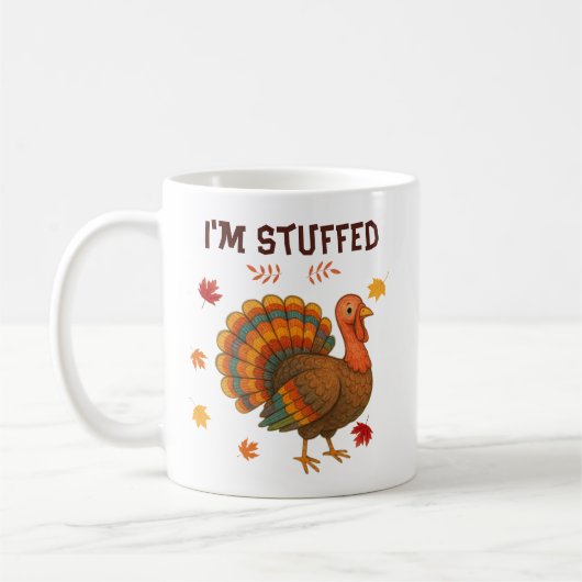 "お腹いっぱい" かわいい感謝祭の七面鳥 コーヒーマグカップ (左)