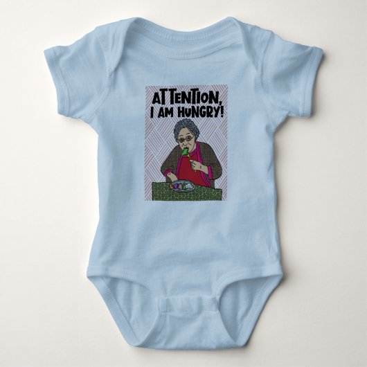 お腹をすかおもしろいせたおばあちゃんとことわざ ベビーボディスーツ (正面)