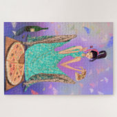 お腹をすかせた女食べ物の子のピザと飲み酒 – おもしろい ジグソーパズル (横)