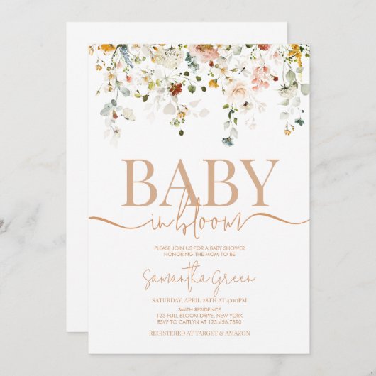 お花でいっぱいの赤ちゃん お花でいっぱいの赤ちゃんのシャワーパーティー招待状 招待状 (正面/裏面)