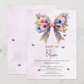 お花でいっぱいの赤ちゃん ブルーム ワイルドフラワーのリボン ガール ベイビーシャワー 招待状 (正面/裏面)