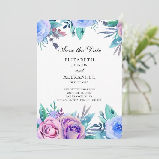 お花で記念日をお知らせ。紫と青のウェディング 招待状 (スタンド正面)