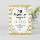 お花のゴールド ホワイト フォト 50歳の誕生日 招待状 (スタンド正面)