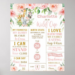 お花のジャングル動物 1歳の誕生日マイルストーン統計 ポスター