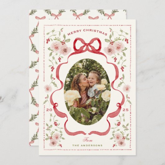 お花のリースが描かれたクリスマス写真カード シーズンカード (正面/裏面)