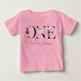 お花のワンピース ベビーガールの1歳誕生日 + 名前入り お出かけ着 ベビーTシャツ