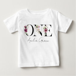 お花のワンピース ベビーガールの1歳誕生日 + 名前入り お出かけ着 ベビーTシャツ