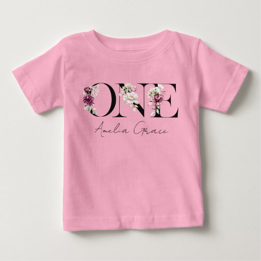 お花のワンピース 女の子の1歳誕生日 + 名前 入り お出かけ着 ベビーTシャツ (正面)