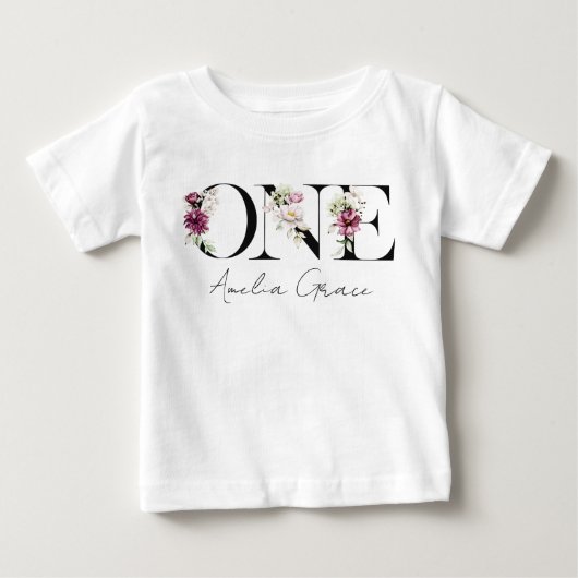 お花のワンピース 女の子の1歳誕生日 + 名前 入り お出かけ着 ベビーTシャツ (正面)