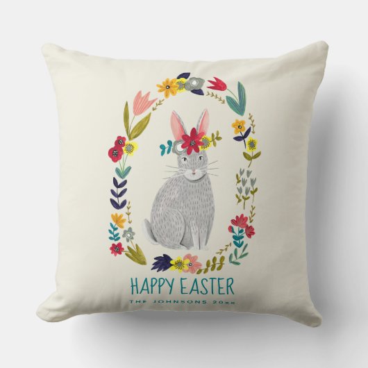 お花の冠をかぶったかわいい現代的なウサギのイラスト(名前入り) クッション (正面)