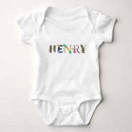 お花の刺繍が施されたHENRY名前の美しいアート ベビーボディスーツ