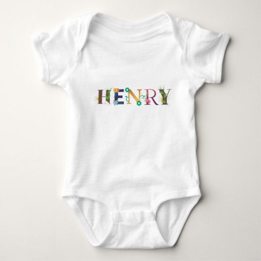 お花の刺繍が施されたHENRY名前の美しいアート ベビーボディスーツ (正面)