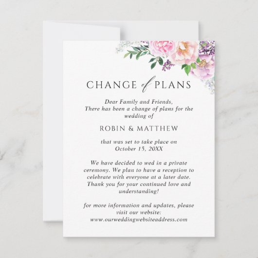 お花の喜び、計画変更の結婚式 案内状 (正面)