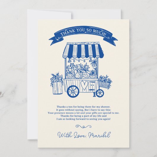 お花の市場から飛び出してきたような、ウェディングシャワーのためのラフな花のスケッチ サンキューカード (正面)