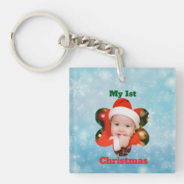 お花の形の私の初めてのクリスマス写真 キーホルダー