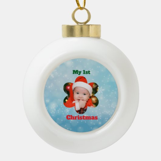 お花の形の私の初めてのクリスマス写真 セラミックボールオーナメント (正面)