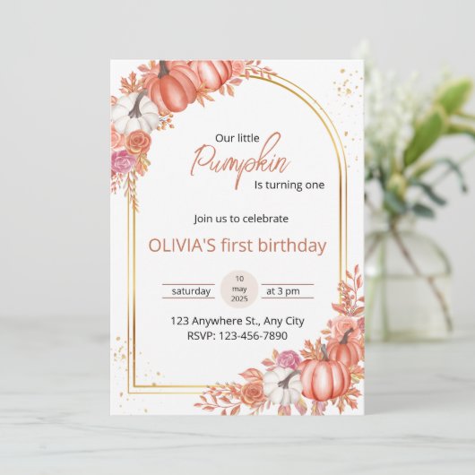 お花の我が家の小さなパンプキンの1歳の誕生日招待状 招待状 (スタンド正面)