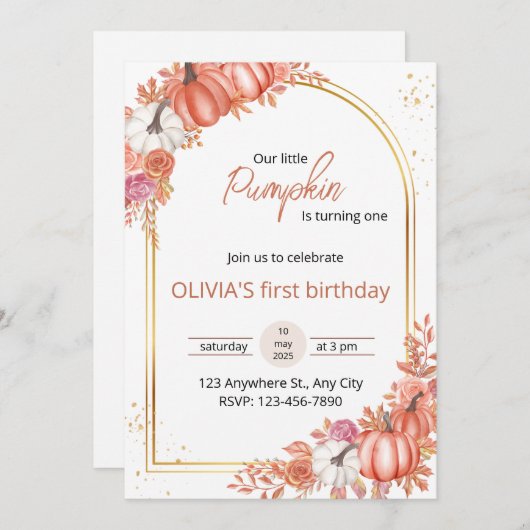 お花の我が家の小さなパンプキンの1歳の誕生日招待状 招待状 (正面/裏面)
