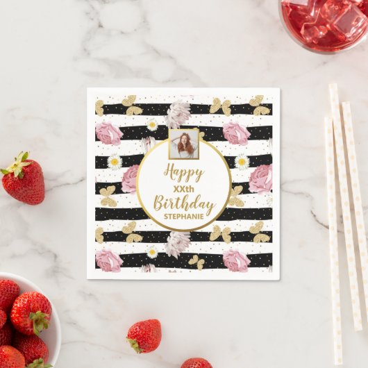 お花の蝶々 誕生日カスタム写真 スタンダードカクテルナプキン (インサイチュ)