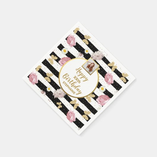 お花の蝶々 誕生日カスタム写真 スタンダードカクテルナプキン (角)