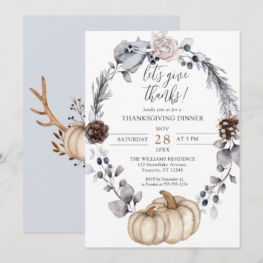 お花の飾られたパンプキンの秋の感謝祭の食事 招待状 (正面/裏面)