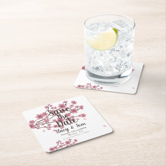 お花見の木の花びらでSave the Date スクエアペーパーコースター (インサイチュ)