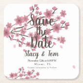お花見の木の花びらでSave the Date スクエアペーパーコースター (正面)