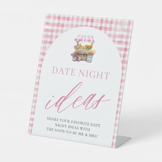 お花見デートのアイデアを書き留めるピンクのギンガムボード 台座サイン (正面)