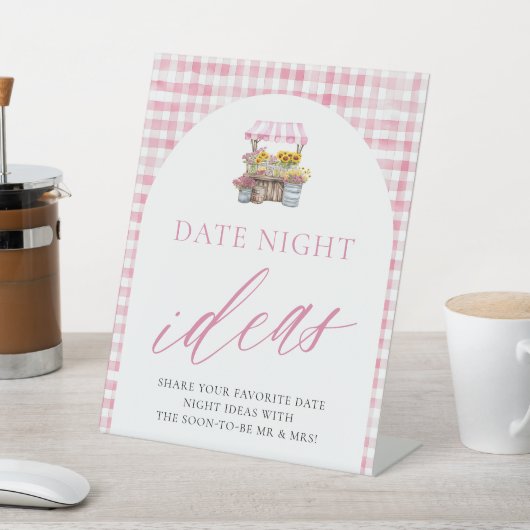 お花見デートのアイデアを書き留めるピンクのギンガムボード 台座サイン (インサイチュ)