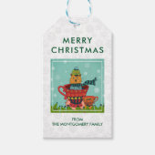 お茶お洒落の上に座ってクリスマスに楽しむ猫 ギフトタグ (正面)