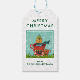お茶お洒落の上に座ってクリスマスに楽しむ猫 ギフトタグ