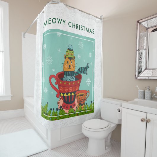 お茶お洒落飲み式クリスマスに座る猫 シャワーカーテン (インサイチュ)