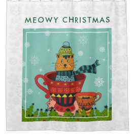 お茶お洒落飲み式クリスマスに座る猫 シャワーカーテン