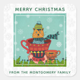 お茶お洒落飲み式クリスマスに座る猫 スクエアシール
