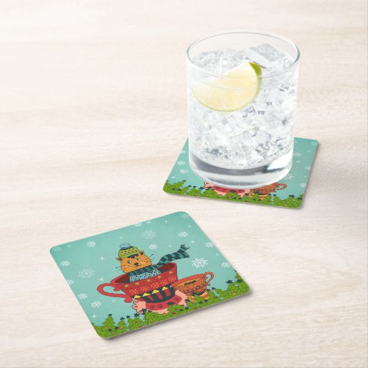 お茶お洒落飲み式クリスマスに座る猫 スクエアペーパーコースター (インサイチュ)