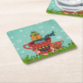 お茶お洒落飲み式クリスマスに座る猫 スクエアペーパーコースター (アングル)