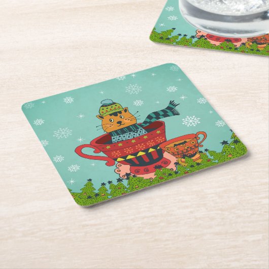 お茶お洒落飲み式クリスマスに座る猫 スクエアペーパーコースター (アングル)