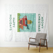 お茶お洒落飲み式クリスマスに座る猫 タペストリー (インサイチュ(横))