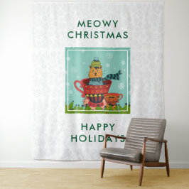 お茶お洒落飲み式クリスマスに座る猫 タペストリー