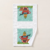 お茶お洒落飲み式クリスマスに座る猫 バスタオルセット (ハンドタオル)