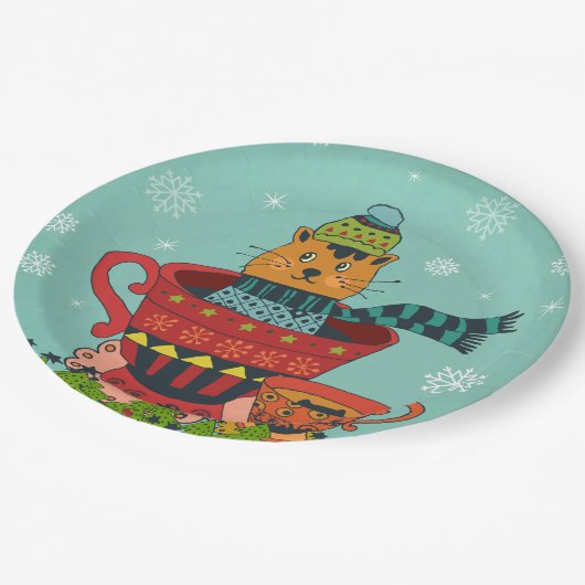 お茶お洒落飲み式クリスマスに座る猫 ペーパープレート (アングル)